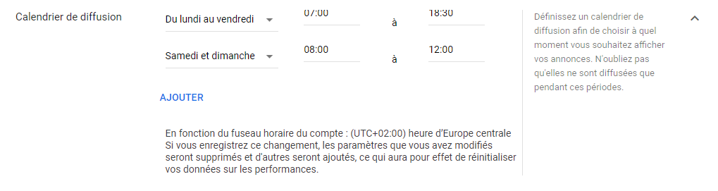 Google Ads - Calendrier de diffusion