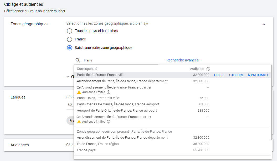 Google Ads - Ciblage géographique