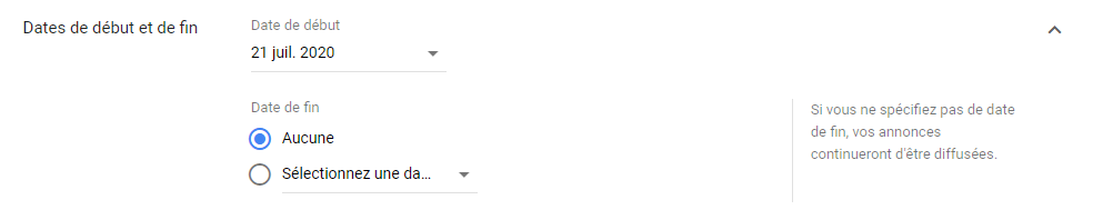 Google Ads - Date de début et de fin